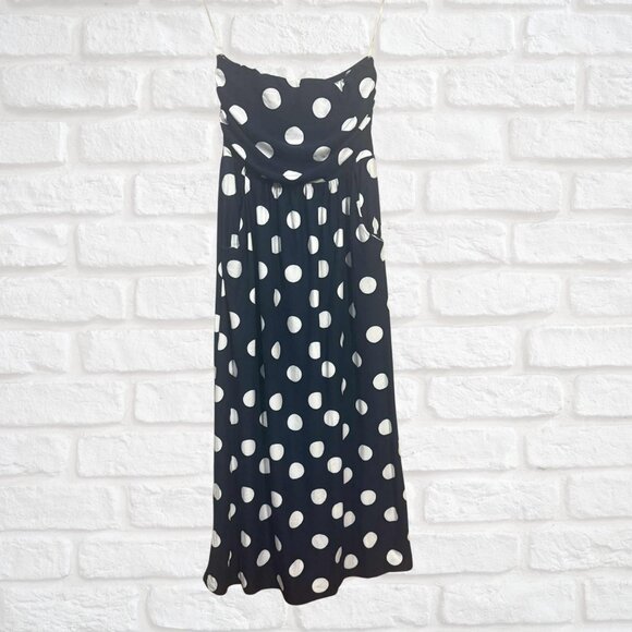 Navy Polka Dot Strapless Maxi Dress w/ Pockets 1X Vintage Style Plus Size Cozy - Picture 2 of 7